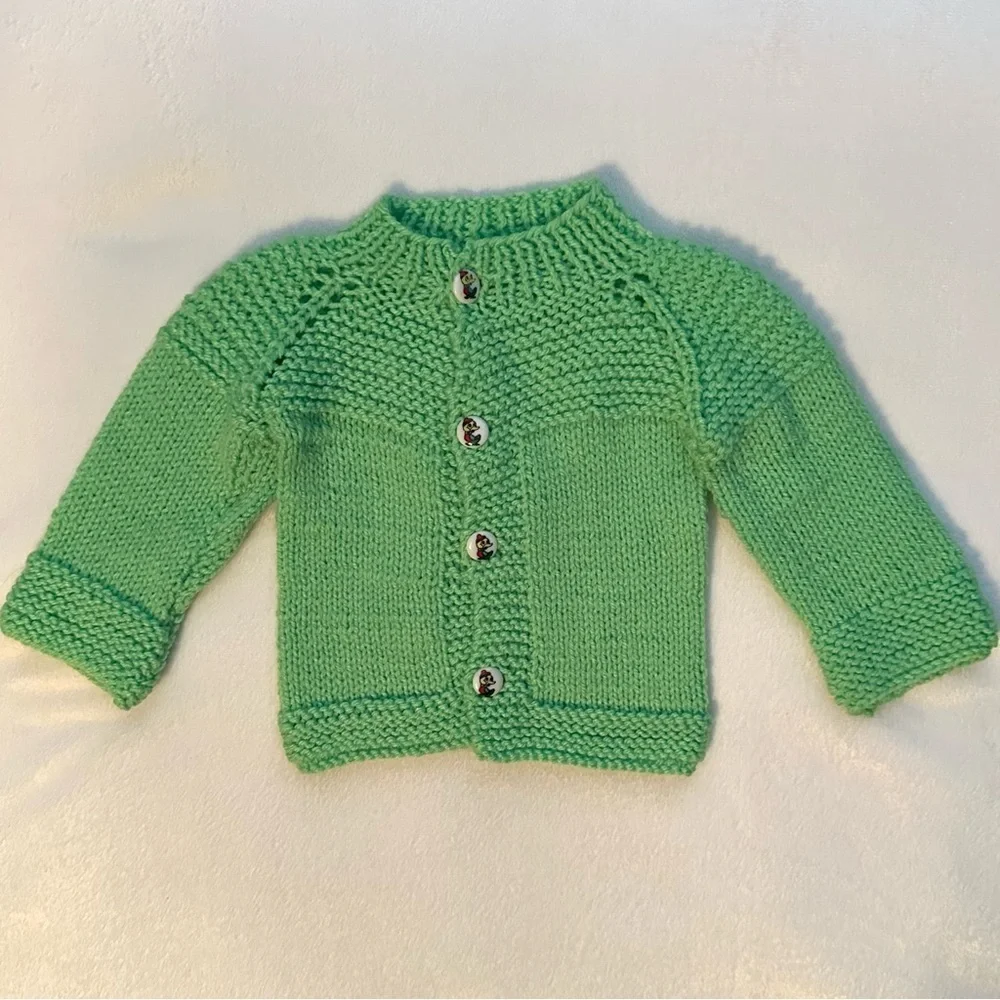 Vintage Handmade Green Cardigan Sweater Duck Buttons Crochet Knit NB Baby Boy